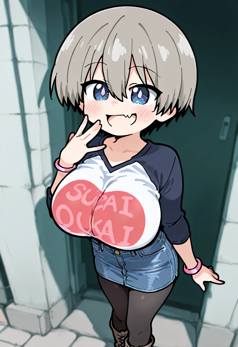 masterpiece, best quality, ultra-detailed, Potrait of beautiful , (chubby) (muscular), (plump), (sexly), (cleavage), (Breasts), (Plump), ((very short hair)), ((Uzaki Hana)), (overweight), (Gray Hair), ((Saggy breasts)), (blue eyes), (Short Hair), (blue eyes), ((thick)), (school uniform), (fullbody), (naughty smile), (Canine teeth visible)