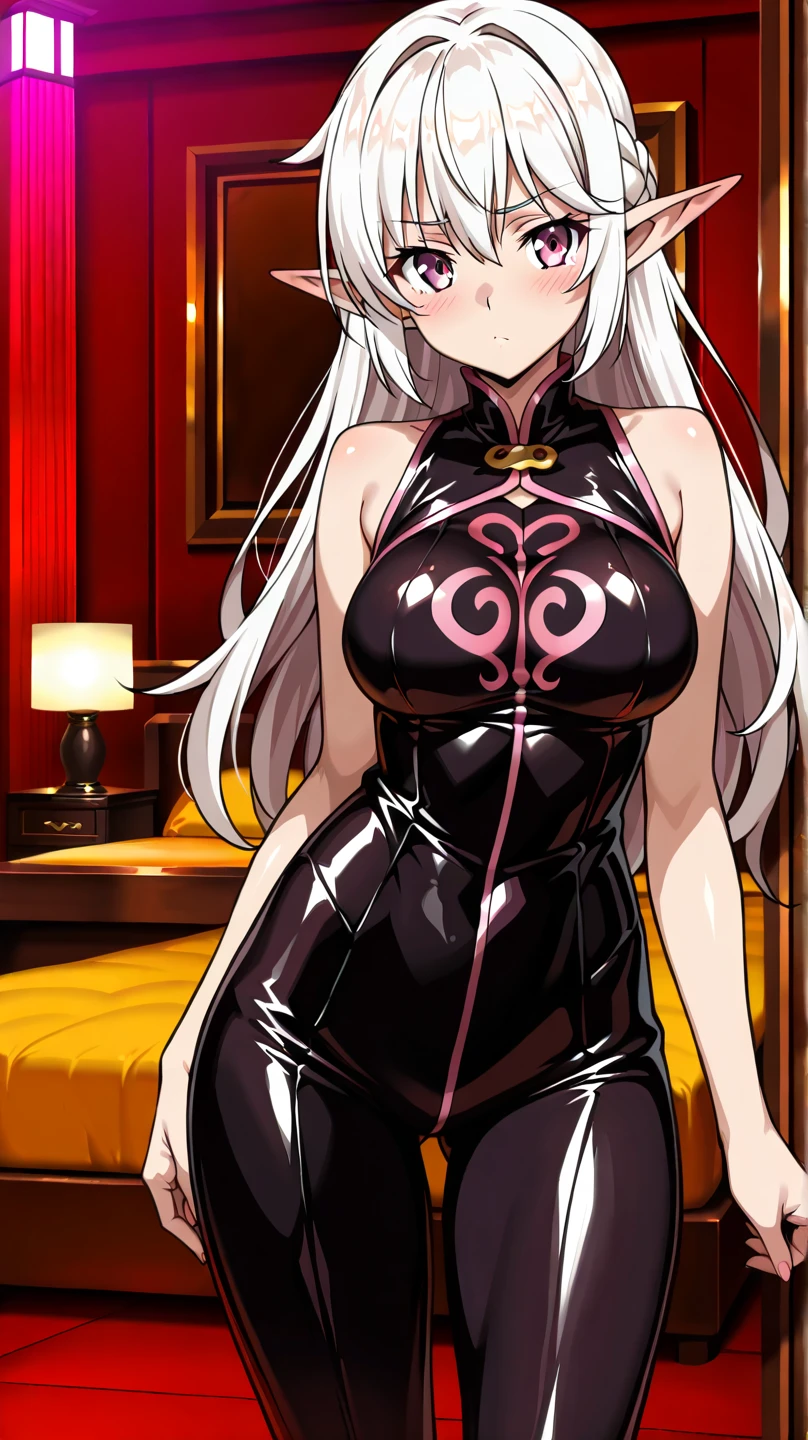 masterpiece, best quality, perfect white hair, 1girl, eyepatch, creepy smile, black eyes, [huge breasts], [thick thighs], skimpy egyptian clothes