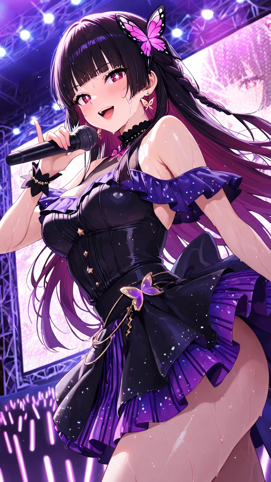score_9、score_8_up、score_7_up、source_anime、1 person、solo、Staring at the audience、Asagi Igawa、Long Hair、Hair between the eyes、Black Hair、Blue Hair、Gothic、Goth Fashion、Black Dress、Frills、lipstick、eye shadow、make、Long sleeve、Puff sleeves、Hair Flowers、rose、jewelry、Cross Necklace、stage、microphone、concert、(shine)、Sparkle、Contrapposto、Spread your legs、Are standing、Green Eyes、Layered Dresses、Black nails、pantyhose、stageライト、Spotlight、microphoneスタンド、audience、(crowd)、Cowboy Shot、petticoat、Serious、Lips slightly open