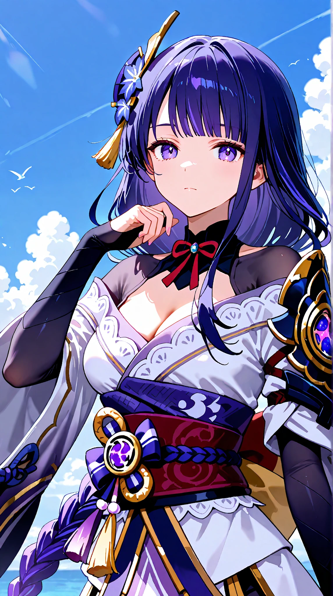 (masterpiece, finely detailed beautiful eyes: 1.2),sit cross-legged, 1girl, full body, soft lighting,kokomi,purple hair,purple eyes, detailed eyes, braid, braided ponytail, hair ornament,hyper detailed,light smile, highly detailed, beautiful, small details, ultra detailed, best quality, intricate, hyperrealism, sharp, digital illustration, detailed, realism, intricate, 4k, 8k, good anatomy, beautiful lighting, award-winning, photorealistic, realistic shadows, realistic lighting, beautiful lighting, raytracing, intricate details, moody, rule of thirds, masterpiece, (illustration:1.1), highres, (extremely detailed CG, unity, 8k wallpaper:1.1), beautiful face, highly detailed face, ultra realistic, masterpiece, bokeh, extremely detailed, intricate, zoomout, colorful, vibrant colors, side view,outdoors,(beach, cloud, blue sky, sunset),Lens perspective,outdoors,<lora:raidenShogunRealistic_raidenshogun:0.7>
