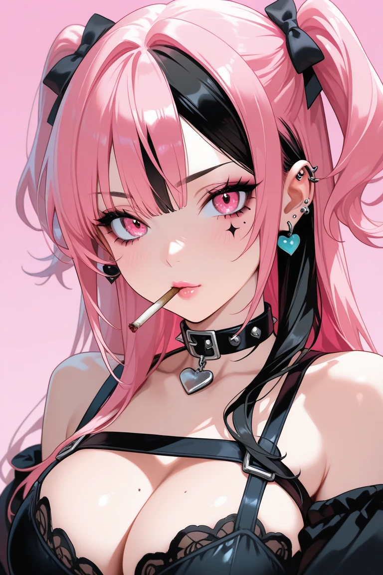 Hot girl, baddie, off shoulder, staring, glaring, shin raised up high, bad attitude, mean girl, dare, pastel pink hair, dark black eyes, fluffy hair, hair over eyes, angry, hate, crazy, hot, slut, whore