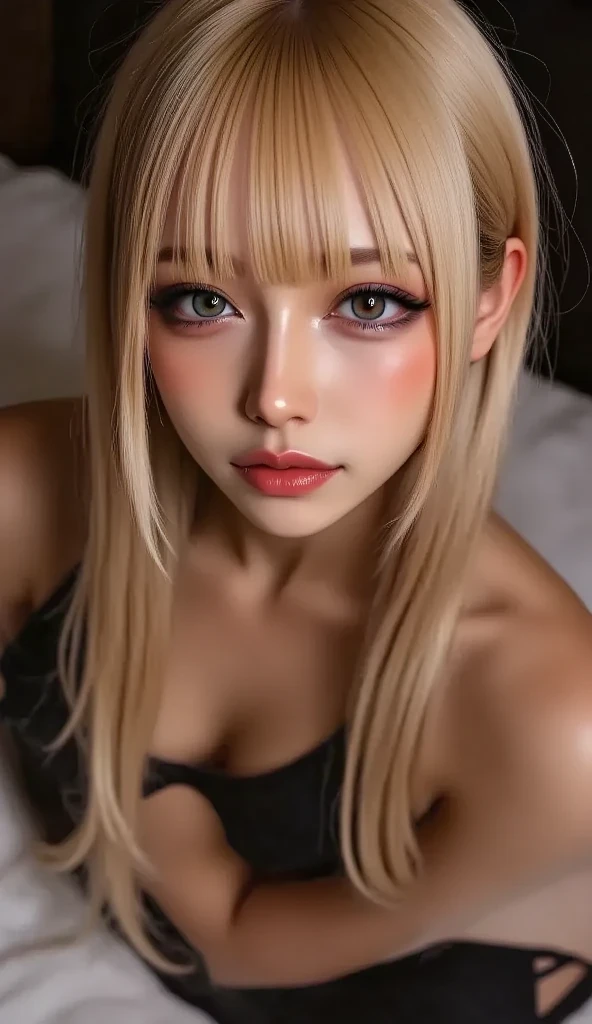 (Naughty expression:1.5),(Dark Skin:1.65),(Random Bangs:1.15),(Blonde Messy Layered Cut Hairstyle:1.35),(Naughty Gyaru is topless and seducing you:1.3),(makeup:1.21),(eyeliner:1.32),(eye shadow:1.25),(double eyelid:1.25),(Thin lip:1.35),(lipstick:1.35),
