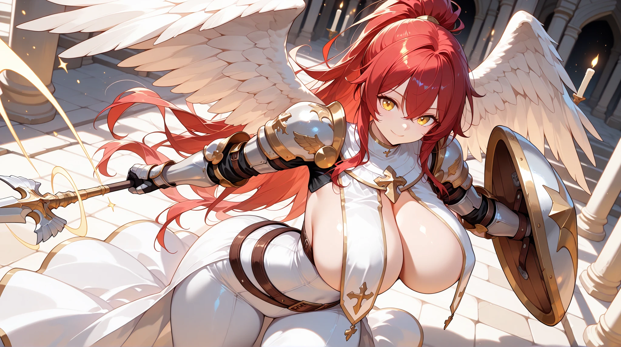 4K,High resolution,One Woman,Harpy,Red Hair,long hair,Blue Eyes,Big Breasts,White Wings,Golden toenails,Nuns,Nunsのドレス,White Veil,Jewelry decoration,Medieval town,In front of the church