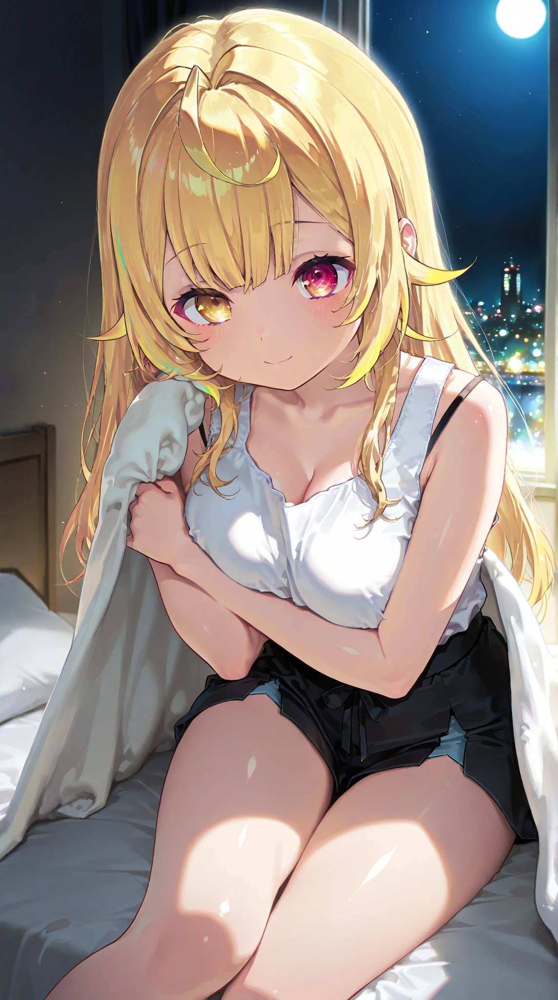 Highest quality, masterpiece, figure, wallpaper,One girl,White shirt, Light Hair, Beautiful detailed girl, Highly detailed eyes and face, Beautiful attention to detail, Shine,Browsing Caution, View your viewers, bed, night, Black Pantyhose, Straight hair, Red Eyes, long hair,Blonde, thick_Thighs, Large Breasts, Red eyes,Sitting,beautiful finger, clear background, deep night, Lying down、smile、Big earrings、bracelet