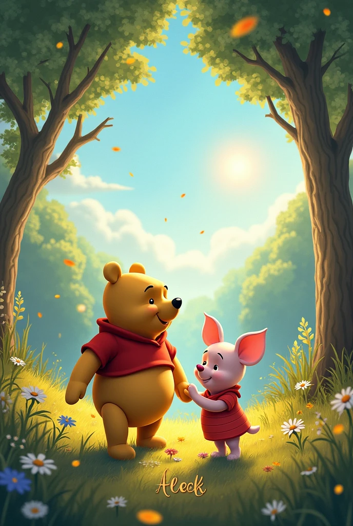 Winnie-the-Pooh and his friend Piglet having a talk by a river