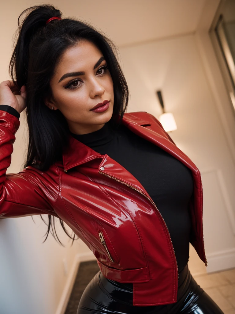 Woman aged 25+ with an ideal figure, hands in the chest area In a burgundy leather jacket and black pencil skirt, lacquered gloves, boots, chest decoration, medium breasts, full height , photo, high quality, face detail,