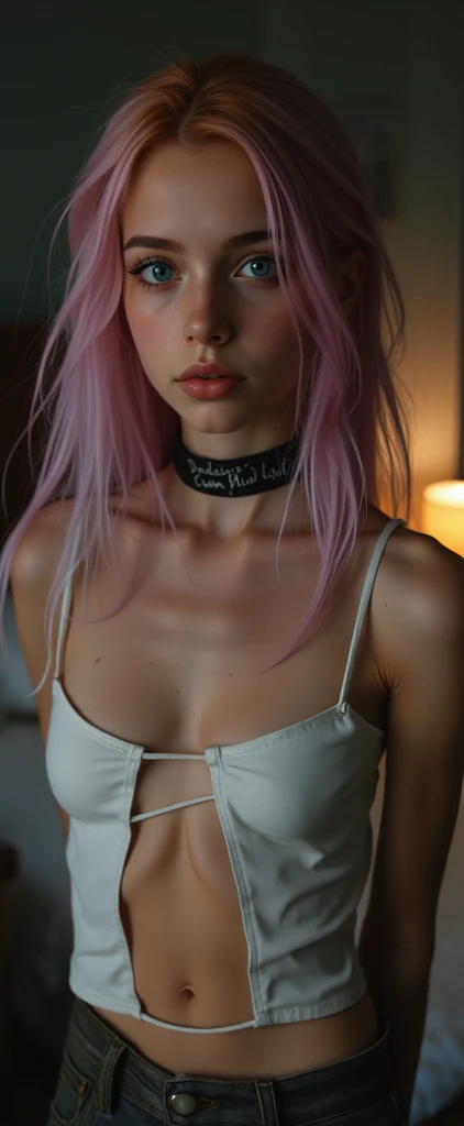 a close up of a woman with pink hair wearing a white top, pink hair, with pink hair, light pink hair, pink wispy hair, colored hair, bright hair, pastel hair, pink girl, light pink hair with pink flames, dyed hair, long light pink hair, long pink hair, bubblegum hair, pink body harness, flowing pink hair, short pink hair