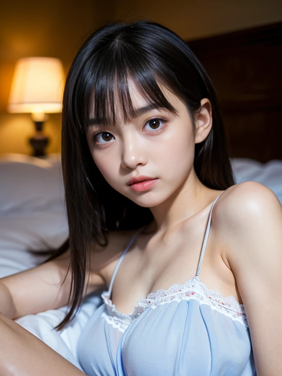 Best-quality, Masterpiece, Ultra-High-Resolution, (Photorealistic:1.4), Raw-Photo, 

1girl, on bed, ((18-years-old, most popular Japanese actress)), (((lying on her back))), looking at viewer, beautiful smile, portrait, 

((((extremely beautiful face like a most famous Japanese idol, extremely beautiful big black solid circle eyes)))), extremely beautiful short-cut-haired, extremely beautiful realistic white skins, extremely beautiful light pink lips, extremely beautiful long eyelashes, very beautiful medium breasts, very beautiful shoulders, 

(((wearing only very beautiful gorgeous evening dress))), 

((((detailed cute face, detailed beautiful big black solid circle eyes)))), detailed beautiful short-cut-haired, detailed beautiful realistic white skins, detailed beautiful light pink lips, detailed beautiful long eyelashes, detailed beautiful medium breasts, detailed beautiful shoulders, ((detailed very beautiful gorgeous evening dress))