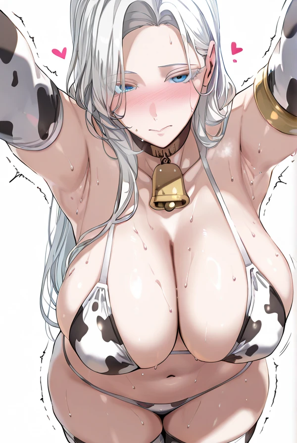(masterpiece, best quality, perfect hourglass figure, wide waist, blush), busty, portrait, perfect face, flawless eyes, empty gradient background, beautiful lips, full lips, <lora:add_detail:-0.2>, (arms behind back), perfect waist, cowboy shot, perfect hips, <lora:sanpaku-eyes-v2:0.8> , sanpaku, round pupils, blue eyes, <lora:Dskin_v1.0:0.2> , dark skin, brown skin, tan, huge breasts, saggy breasts, (split-color black-white hair), slight smile, <lora:edgVenusBikini:1> , edgVB, wearing edgVB, navel, groin, jewel bikini, <lora:concave:0.8> , concave bangs, bridgeless bra,