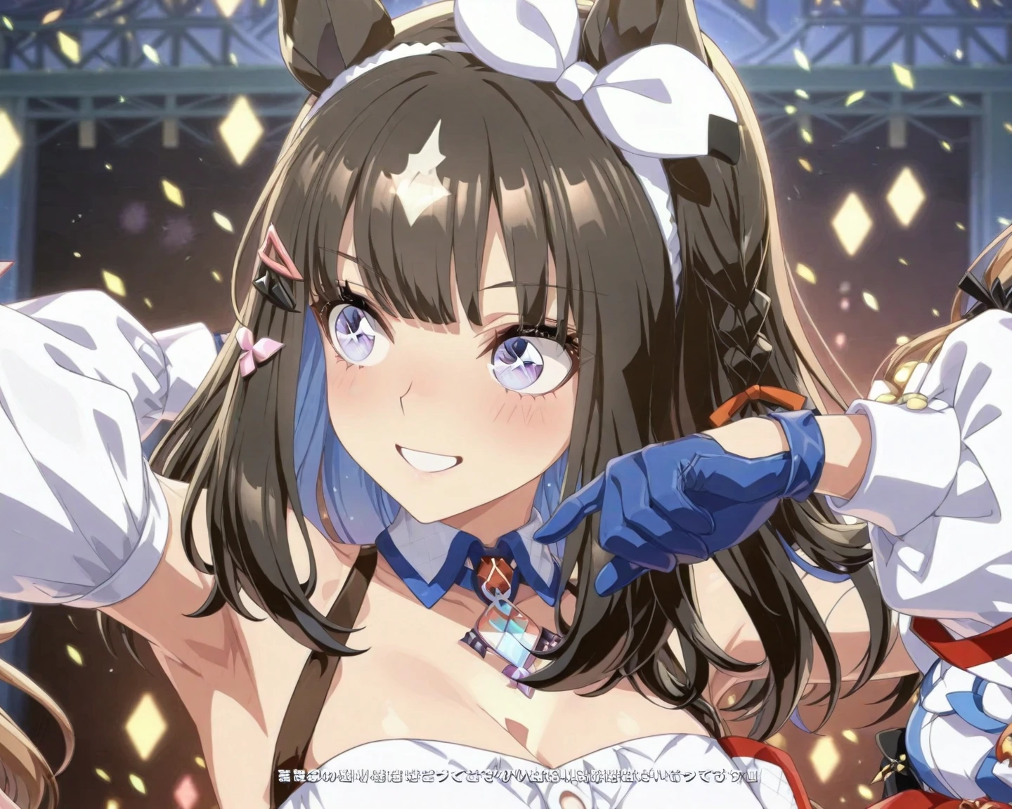 (High resolution:1.4), (masutepiece:1.2), (High quality:1.3) 1girl, saten ruiko, green eyes, long hair, black hair, small breast, (hestia, rei no himo, breasts, long hair, blue ribbon, twintails, gloves, ribbon, dress, rei no himo, large breasts, blue eyes, black hair, white gloves, cleavage, white dress, hair ribbon, bow, sleeveless, sleeveless dress, bangs, cleavage cutout, hair ornament, bowtie, clothing cutout, very long hair, covered navel, arm ribbon),, cinematic lighting, pov, dynamic angle, open mouth, grin, comiket_cosplay_Hiroba comiket_cosplay, N4, nsfw,