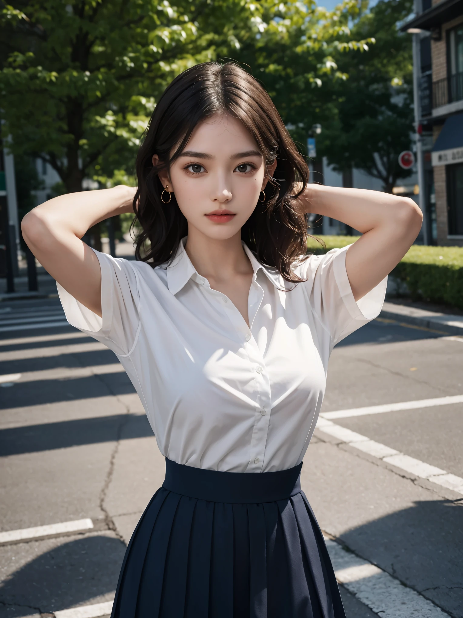 disorganized, Raw photo, very delicate and beautiful, masterpiece, highest quality, ultra high resolution, 32k, surreal, Super detailed, perfect anatomy, perfect figure, super dense skin, Highly detailed CG 8k wallpaper, 20's, Very slim body, tight waist, very small head, very small face, delicate features, tearful mole, very big earrings, thin legs, (very huge round breasts:1.2), (full body shot:1.1), (1 girl:1.2), short hair, (wavy hair:1.2), (wet clothes:1.1), (school uniform:1.2), (collared shirt:1.1),