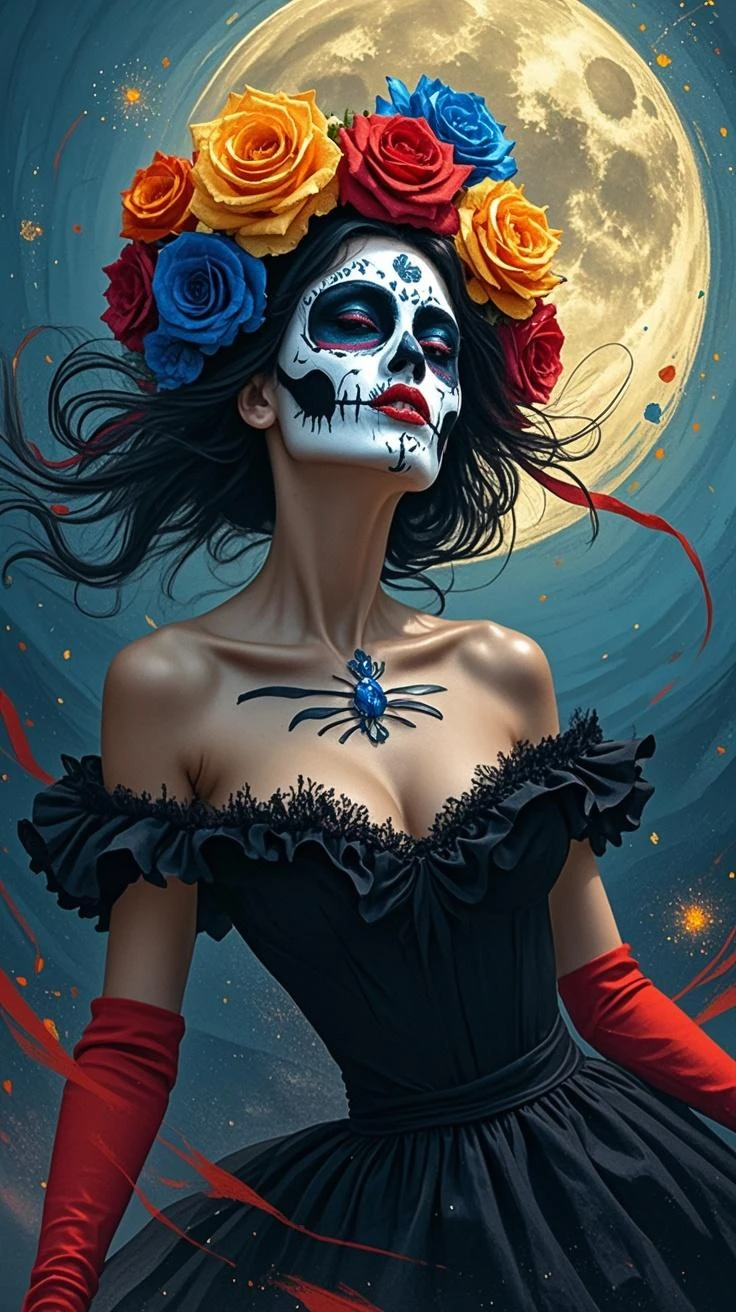 Alto detalle, mejor calidad, high resolution, ultra realista, obra maestra, mujer, catrina, movie style the book of the life of Guillermo del toro, cara pintada de calavera, flores en el pelo, traje estilo mexicano color rojo, sobrero de charro, vestido sexi, piel blanca pintada mexicana, pechos grandes, good size breasts, pechos ajustados, escote sexi, Furnished room, Foto tomada de frente de la cintura hacia arriba
