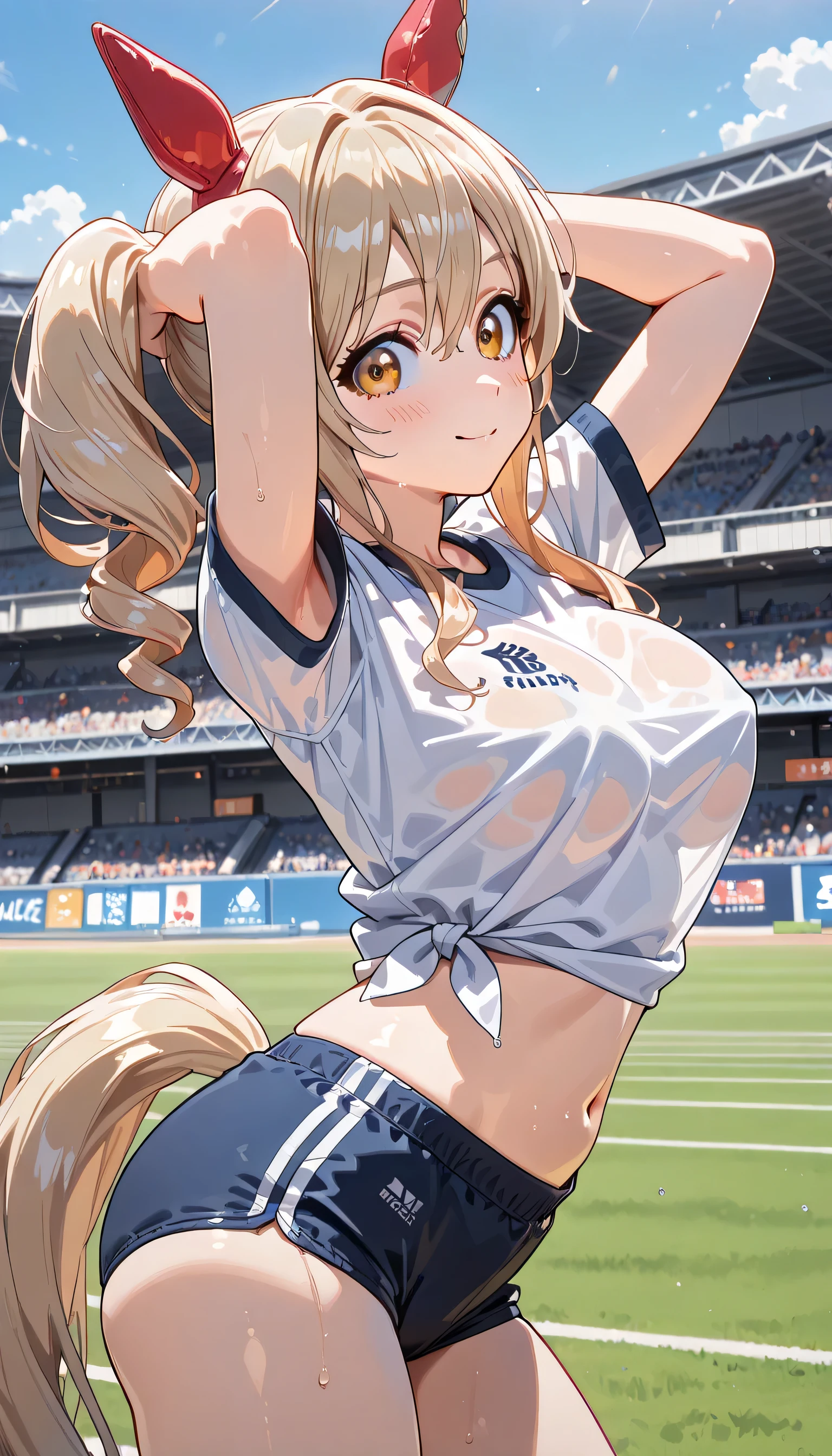((ultra-detailed)), (highly detailed CG illustration), (best quality:1.2), ultra-highly detailed, colorful composition, artistic photoshoot, 1girl, solo focus, thigh to top:1.2, cowboy shot:1.2, moe anime character, girl, dainty facial structure, (baby face, round face, rounded chin:1.2, ideal ratio body proportions, fusaichi pandora\, (umamusme\), UMACC,horse ears,ear covers,ear bow,horse tail, erect nipples:1.1, ample breasts, white short sleeve gym uniform with Navy blue rim:1.3, navy blue school gym buruma, sweat:1.2, wet clothes, smile:1.3, blush:1.3, Standing at the racetrackl:1.3, from side:1.2, dynamic pose, contrapposto pose:1.3, best quality, expecting, pink cheek, blush, light pink gloss slip, portrait, depth of field, sparkling sunlight, lighting, backlighting, shine, lighting, caustics, ray tracing, perfect face, lustrous skin, highly detailed face, highly detailed eyes, perfect face, perfect nose, perfect hair, perfect eyes, perfect anatomy, beautiful hair, beautiful small face, extremely detailed face, beautiful detailed eyes, beautiful clavicle, beautiful body, beautiful ample breasts, leavage, breasts squeezed together, equalize the size of the left and right breasts, beautiful thin thighs, beautiful legs, beautiful fingers, (4 fingers), 1 thumb, lovely, (very detailed background:1.0), (highly detailed background:1.0), summer aesthetic, intricate details, festival atmosphere, summer colors palette, chromatic aberration