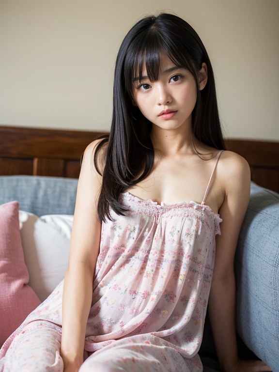raw photo, 8k, (top-quality), Realistic, (real picture, Intricate details), (natural skin texture, detailed skin, hyper realism, sharpness), (Japanese teenage girl sitting on small bed in a old hotel at night, hands between leg), ((white night dress, sleeveless, see-through)), (((flat chast:1.5))), (slender body, pale skin:1.2), ((wavy hair, blunt bangs)), (baby face, provocative look, Parted lips:1.3, red eye shadow, eye bag:1.3, red thick lips, under eye circle), thighs, munechira, night time, red wallpaper, hard lighting:1.3, full body shot