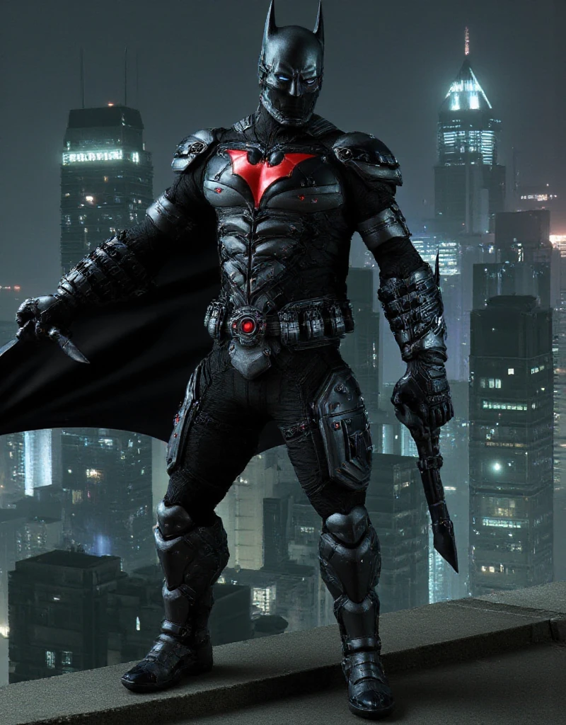 Batman_In addition_Suit IS MONITORING Gotham City, FROM THE TOP OF A BUILDING THE NIGHT
