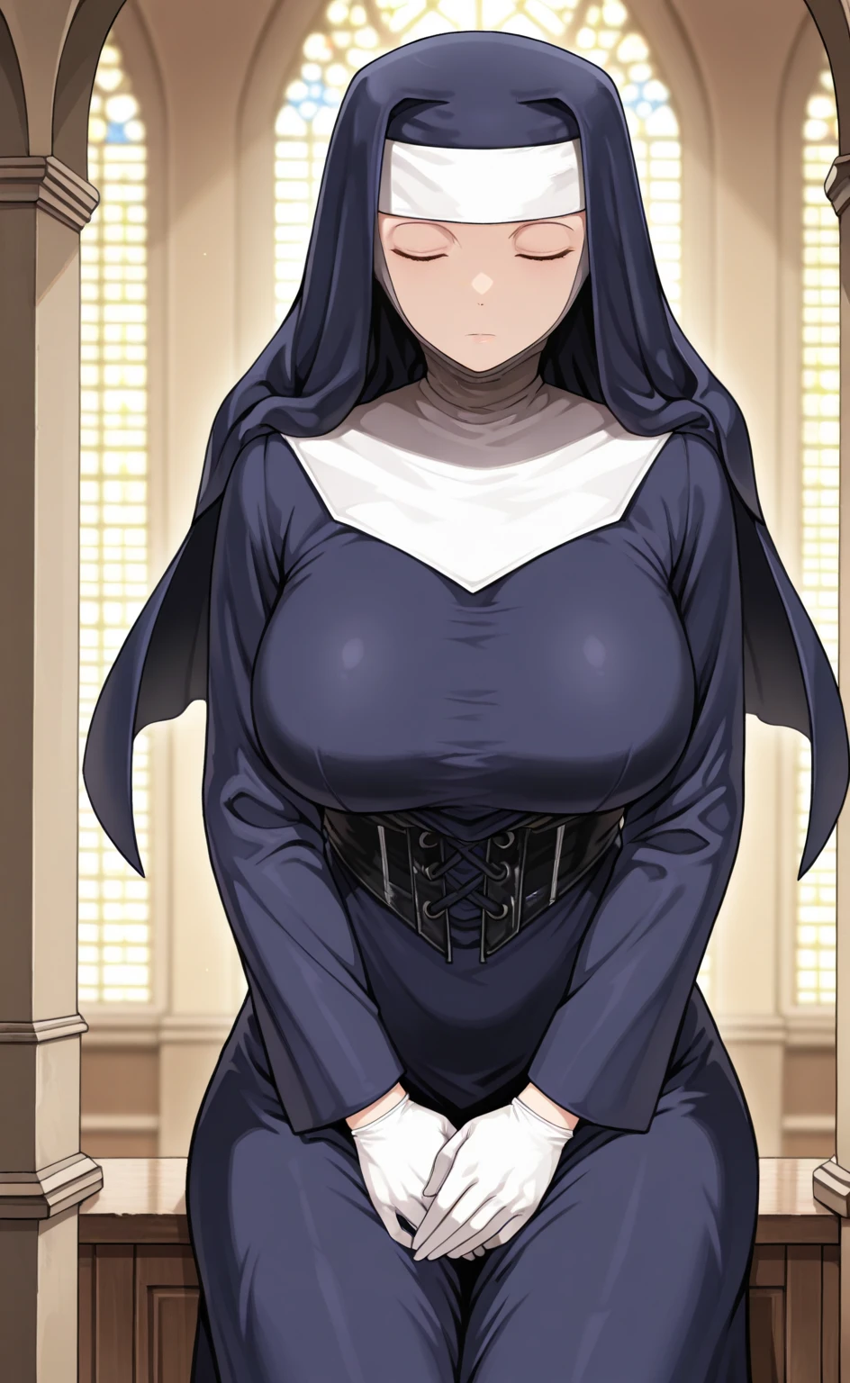 Woman in dress ultra detailed, huge and attractive goddess nun with short and provocative neckline showing the (breasts), (sexy), (ultra detailed), (((huge breasts)))), large breasts swatch goddess nun close up view huge erect nipples