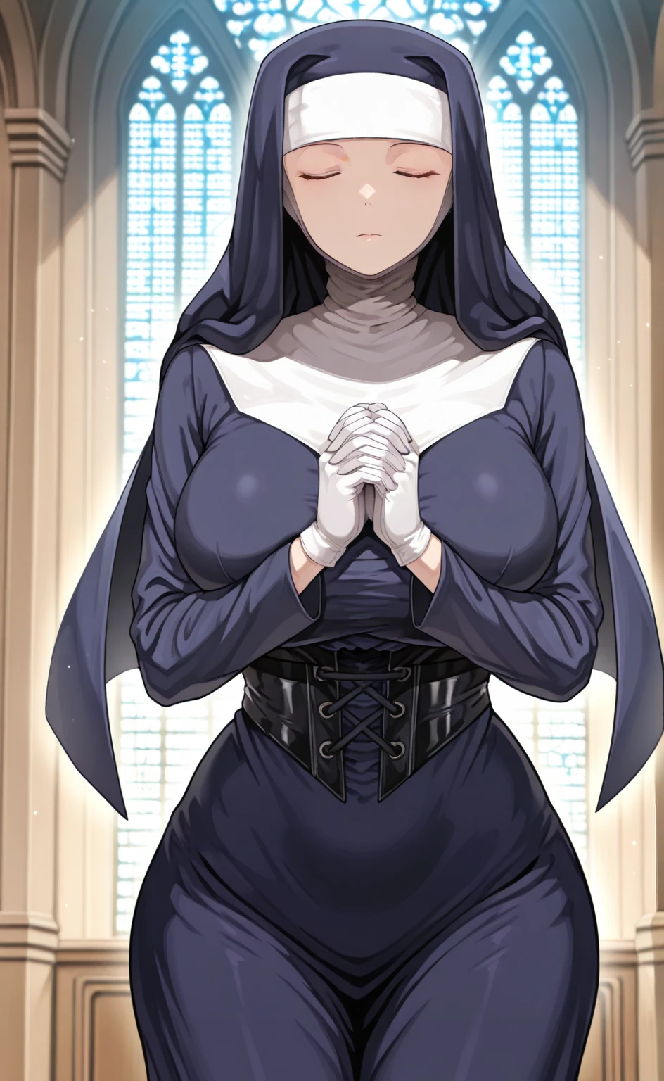 (High quality, High resolution, Fine details), Realistic, Nun, (Blood on clothes:1.3), sacred rituals, medieval background, grand architecture, majestic stained glass windows, solo, curvy women, sparkling eyes, (Detailed eyes:1.2), grin, blush, Sweat, Oily skin, shallow depth of field, mystical aura, soft lighting, natural lighting