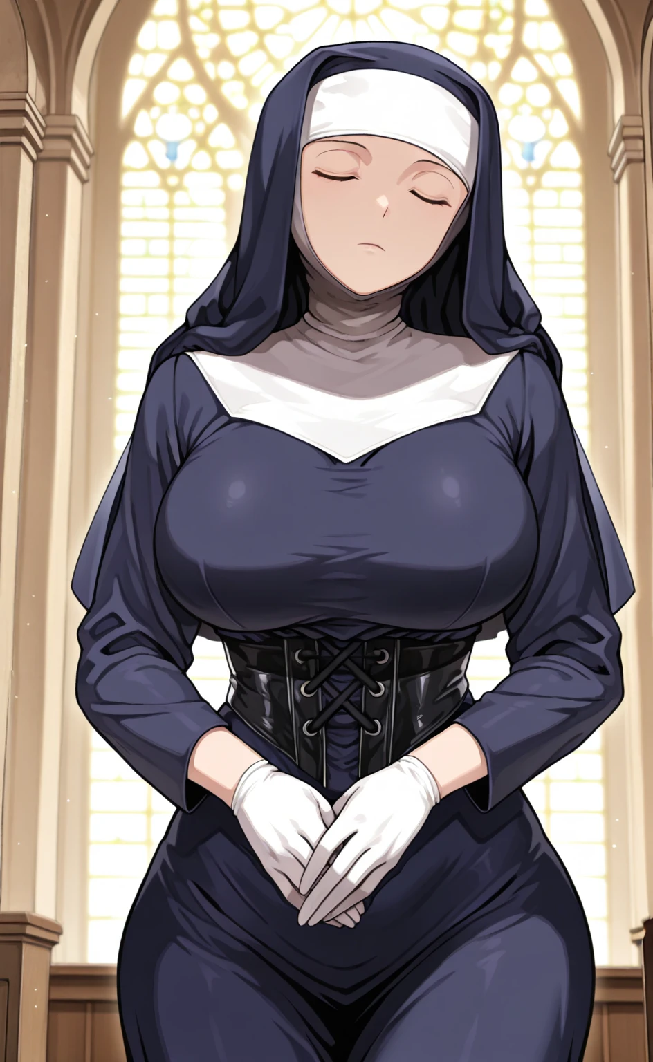 ariana grande in closet, pews in background, wearing nun habit, sexy nun outfit, big breasts, (big breasts:1.2), cleavage, holding prayer beads,