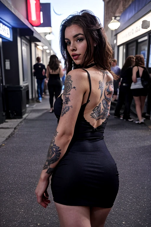 a woman, 25ear old, long brunette hairs, textured skin, romantic smile, a lot of details, punk rock dress, grunge, ripped dress, black makeup