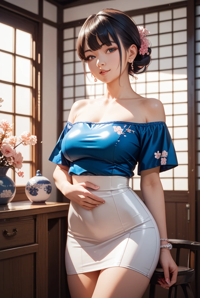 (masterpiece、highest quality)、(Photorealistic:1.4)、 Mature Woman, Beautiful thighs、Front view、1 girl、30 years old、Perfect Face、Symmetrical cute face、(Bun Hair、Black Hair)、Big eyes、Long eyelashes、((tall、The chest is open))、Beautiful Hair、Beautiful Face、Beautiful and beautiful eyes、Perfect Proportions、Beautiful breasts、Beautiful feet、Beautiful fingers、((High quality fabric、floral pattern cheongsam、Skirt flip))、(To the hospital)、Are standing、 (smile), (((Skirt lift with both hands、panties are visible)))