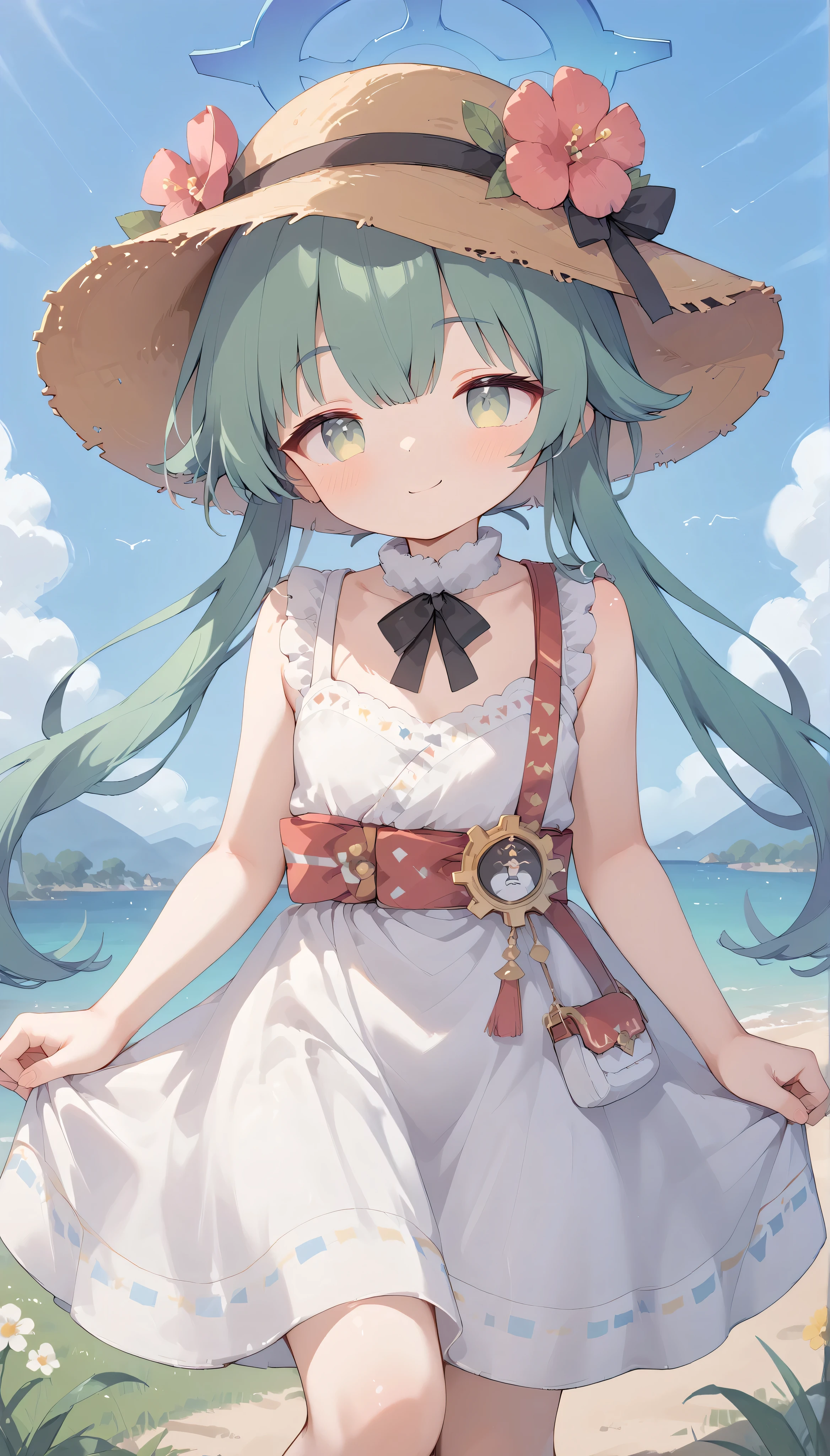 momiji (blue archive), green eyes, green hair,long hair, low twintails, , halo, solo, I can see my eyebrows from the inside of my hair, hair between eyes, is embarrassing, masterpiece, Best Quality, very aesthetic, thick thighs, Wide pelvis, sleeveless white dress, straw hat, outdoor, grassland, smile,