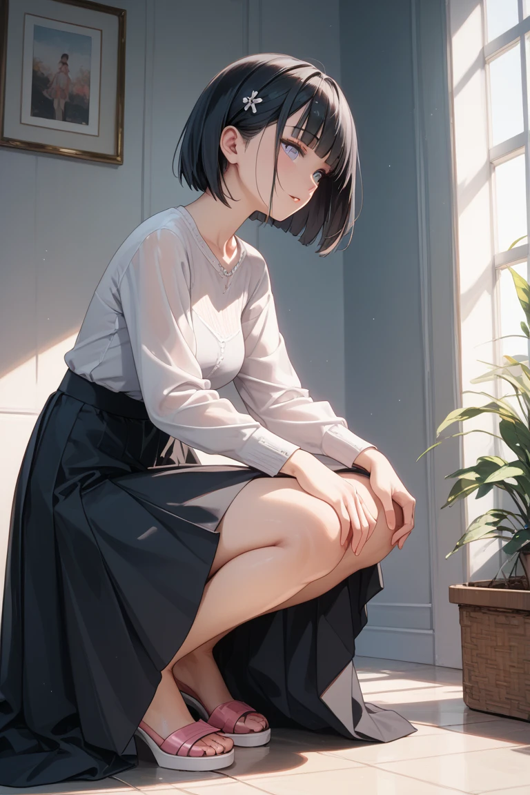 (Best quality, 8k, 32k, Masterpiece, UHD,:1.2),RAW, 1girl,ultra cute , natural lighting,transparent shining eyes, 20yo,medium breast ,fair complexion ,flushed face, dynamic angle, short hair, White sweater, squatting near windows, ((Big Norwegian Forest Cat at her foot)), Big Cat, Playing with Cat, fun, from side