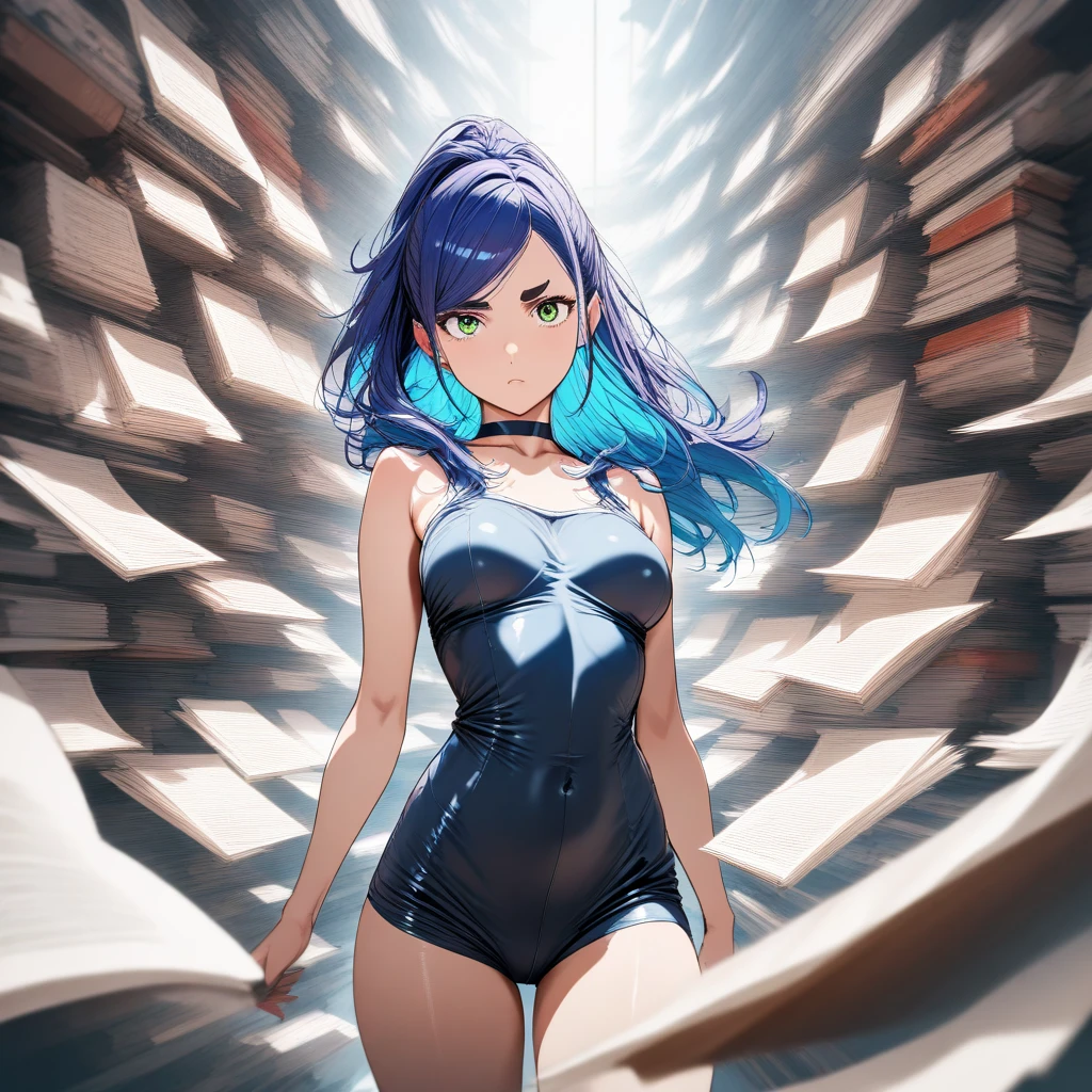 Gal、Waving、laughing、Blue Hair、Wearing a swimsuit、Around 25 years old、Anime style illustrations、Inside the library