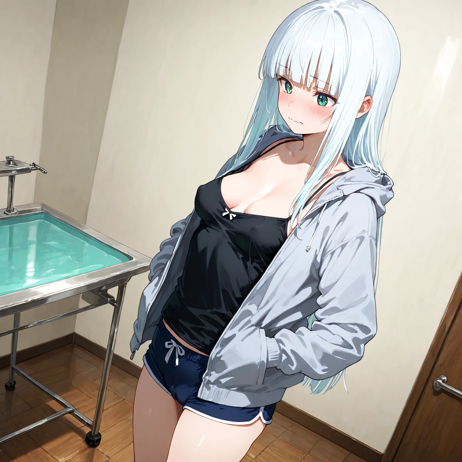 1 girl, underwear, Gray hair, thigh, white_underwear,， long_hair, breast,  white pajamas，unbuttoned pajamas，open income，navel，bare belly，eyes closed，eyes closed， exist_Back, In the bedroom, hindquarters, Bangs, split, blush,Lying on exist&#39;s bed，white，，white，Full body female love，arms open