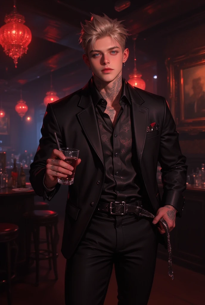 Tattooed male model shaved head, pointy mustache, soul pach, tall, slim fit, loong red leather coat, no shirt, red leather pants, red bolers heat, lighting candles in church
