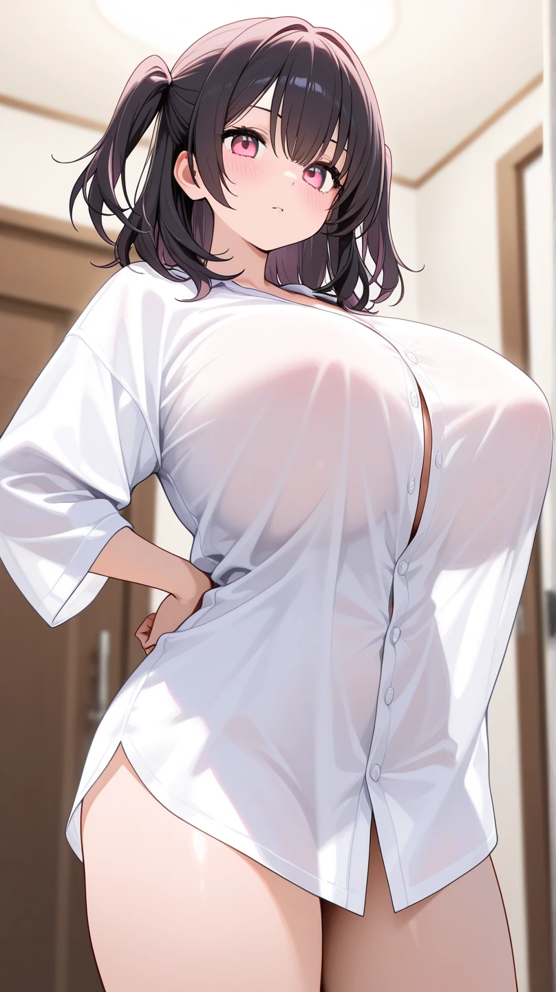  茶色 eye,  (large and perfect breasts), Hair length, Mature Woman,  positive，One person，Long and shiny hair, Beautiful breasts, Big Breasts,Big Ass， blush, Sweat, purple_eye, Black Hair, lips, One personで,Entrance hall，nurse，