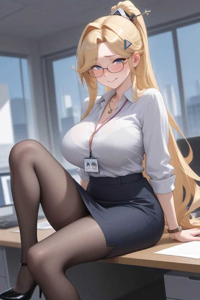 woman, Double ponytail blonde, blue eyes, Dark brown skin, Dressed in office ladies and tights.