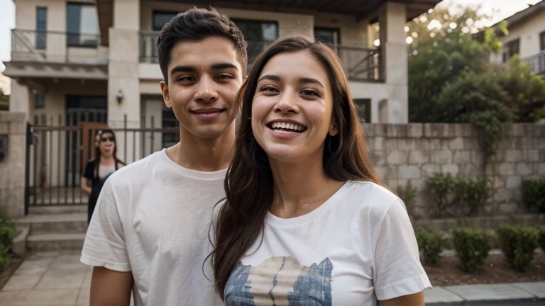 "Ana, uma jovem mulher, is radiant with happiness next to her fiancé, John. They are in a sunny park, planejando seu casamento, com sorrisos brilhando em seus rostos."
