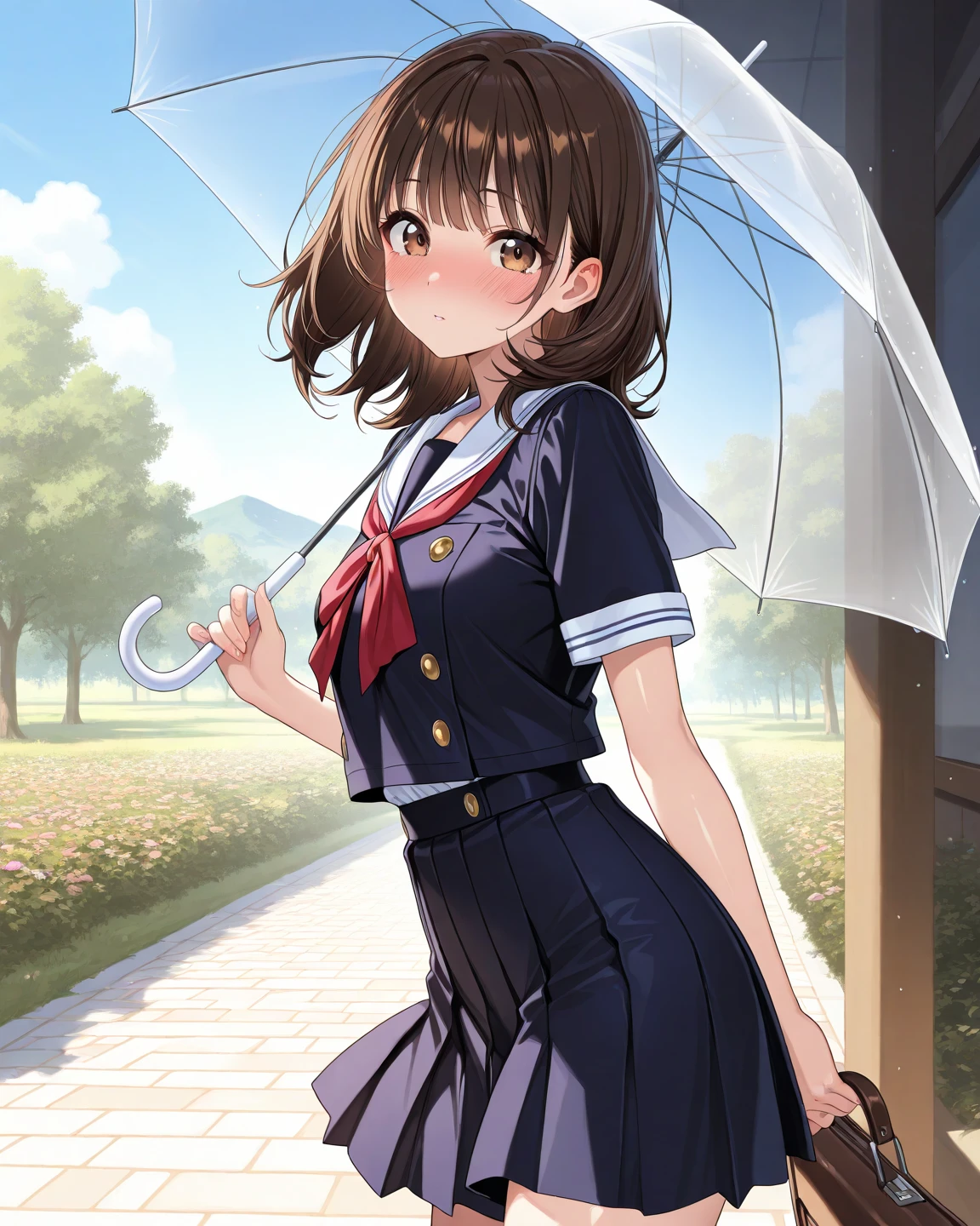 highest quality, masterpiece, Ultra-high resolution, 8k,Rainy Sky,,((I am holding an umbrella and gazing at the leaves of a morning glory)),There is a snail on the morning glory leaf,light smile,
Show anime style , girl１people, Soft Line Art, Digital Enhancement, shojo anime touch, shojo manga core, Flowing fabric, close, Soft Drawing, Ultra-Definition Digital Anime Art, Clear facial depiction, Super detailed girl cartoon character art, Ultra-detailed manga style, highest qualityの色,
 (Short brown hair), Wet Hair,Staring at us from the front,Beautiful brown hair, Clear brown eyes, Slightly chubby,Small breasts,The butt is small