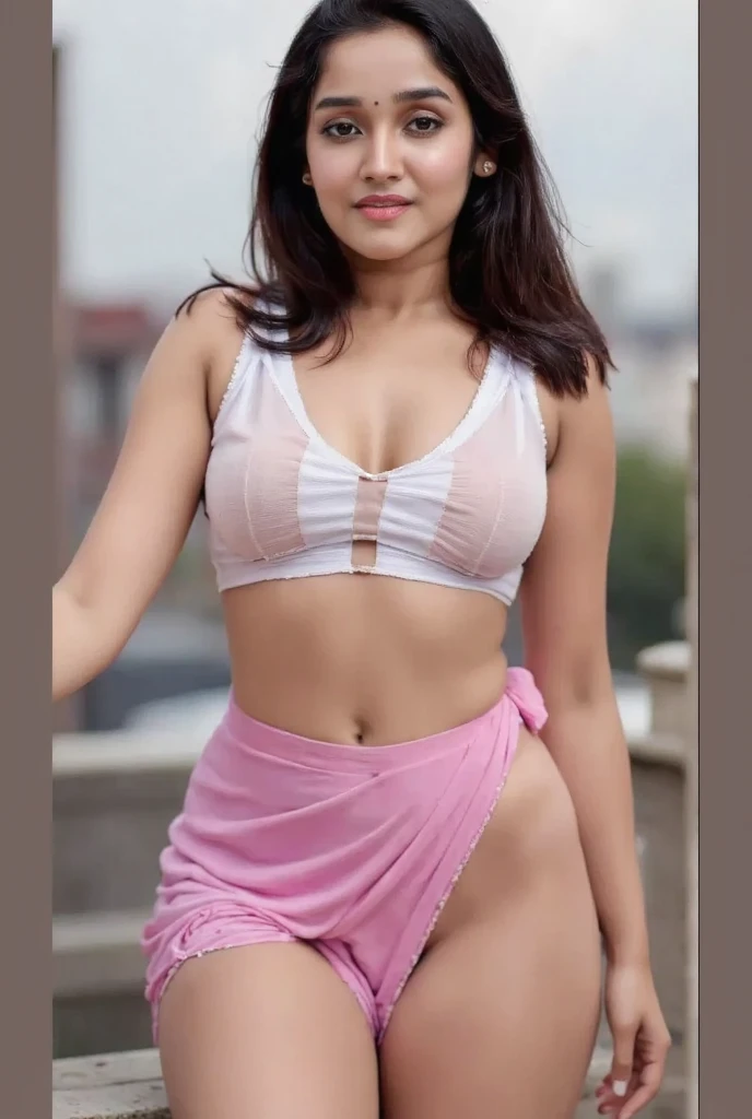 A photorealistic portrait of a 30-year-old Indian woman with big-sized breasts, wearing light black crop top full sleeves with plaided jk pink colour skirt to show her sexy legs,She is posing in waterfall Lake sexy adult poses, smile happy face,captured in a full-body shot,real, hyper realistically. 8k resolution, with high detail and quality.