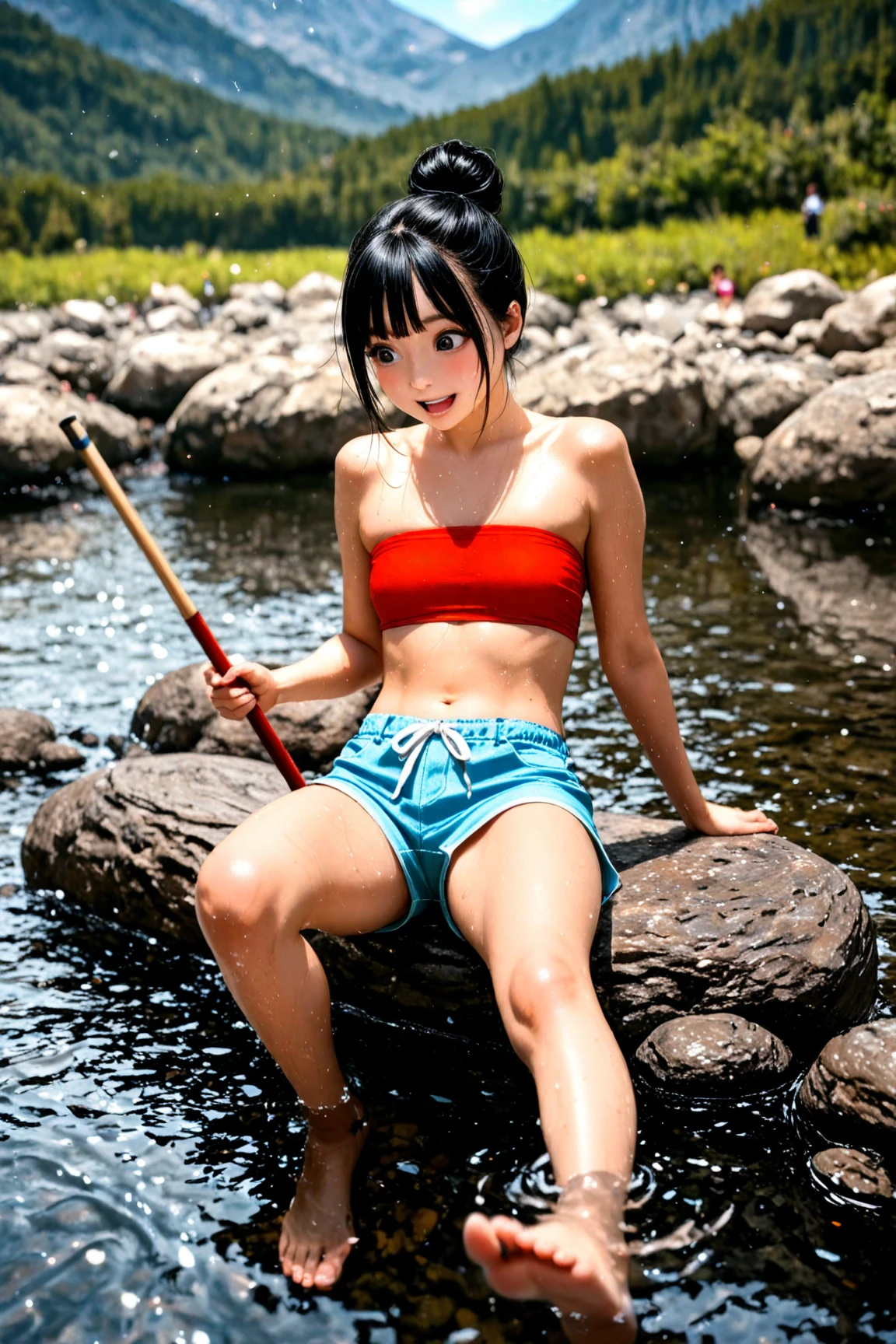 Pronst  (Obra maestra:1.2, La mejor calidad:1.2, Beautiful, alta calidad, Altas Resoluciones:1.1, aesthetic), Detallado, extremadamente detallado, soft ambient lighting, 4k, ojos perfectos, Cara perfecta, Perfect lighting, 1girl, Alternate breast size, Cabello largo y negro, senos, resplandeciente, ojos brillantes, pelo entre los ojos, senos medianos, labios, Cabello largo, Mirando al espectador, en la parte posterior, labios separados, regordete, Ojos de diamante azul, Blue eyes of the ocean, solamente, senos medianos, Brazos a los lados, (Tema azul),verano, DESIERTO, nubes rosadas, A land covered with roses meets beautiful girl, James Gurney, rendered art station, lente ultra gran angular, Hi-Def, (papel tapiz CG unidad 8k extremadamente detallado, obra maestra, mejor calidad, ultra detallado), (Better lighting, mejor sombra, una extremadamente delicada y hermosa) 22-year-old girl, una sonrisa brillante en su rostro.  Chica de anime sentada en el suelo con una daga en la mano, seductora chica de anime, Hermosa chica de anime en cuclillas, Estilo julie bell,  Carril Azur, pixiv 3dcg, The anime girl is crouching, [ Arte digital 4k ]!!, Furthermore, MaFurthermore Kitagawa Fanart, Anime Moe Artstyle, Gapmoe Yandere, en pixiv, kantai collection style
