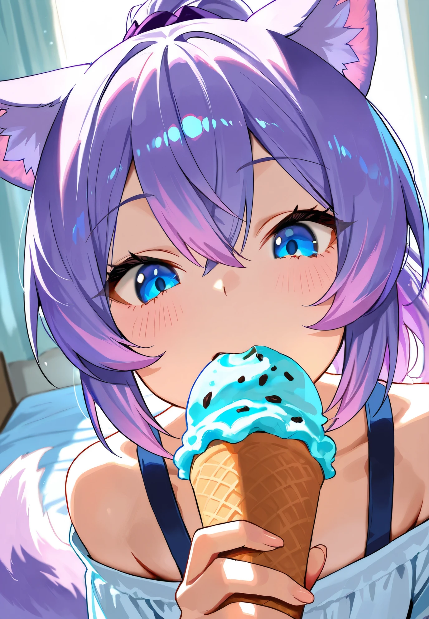 One, check_9,check_8_up,check_7_up, source_fluffy, (Catboat, Anthro fluffy feline girl, Adult woman, silver fur with gray stripes, Blue eyes, длинные светлые hair, hair, Closing one eye, :3, pink nose, Wear a blue bandeau, close up, portrait, Seductive model pose, Sitting, legs crossed, barefoot, holding a popsicle, lick the popsicle, grinning, Side view, amazing, ultra clarity, 4K, excellent quality, high detail, close-up, bare chest, , cum on face, sex oral dick oral, human penis,  Zoophilia, cute sucks dick, the cat gently sucks, caresses with tongue, Sperm drips from the mouth, balls dick, shaved balls, big dick, juicy dick, touches eggs with hands, plays with eggs,  naked, Nipples, sucks ice cream juicily,Foreground, 