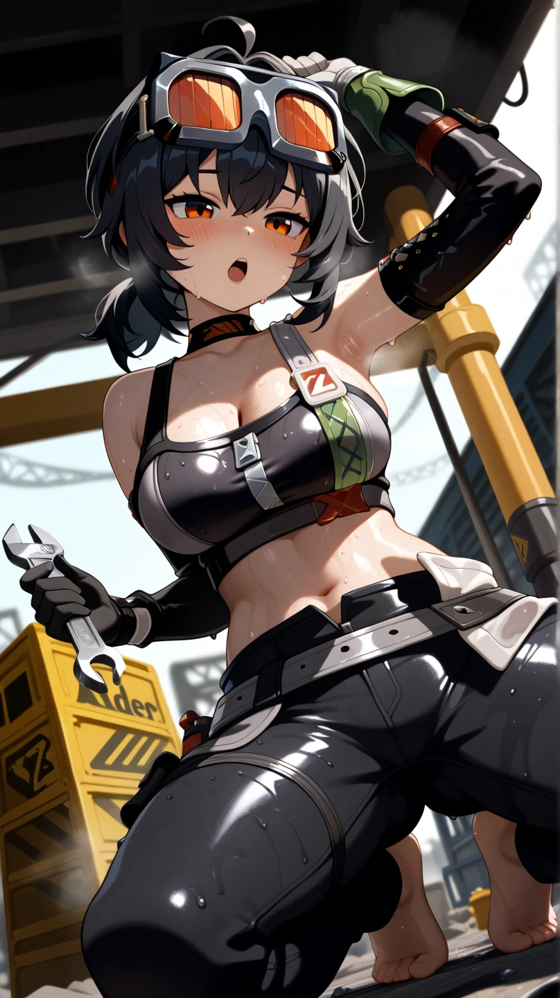giant girl　Muscle girl　Abdominal muscles　Thick arms　　Female Giant　Metropolis　((Giant girl working at a construction site))　((construction site))　materials　wood　((((Building under construction))))　Girl in bikini swimsuit　((Black short hair))　((Safety helmet))　((Safety boots))　((Leather Handbags))　((Heavy machinery))　Truck Excavator　Rubble pile　Outdoor　masterpiece　Unreal Engine　
