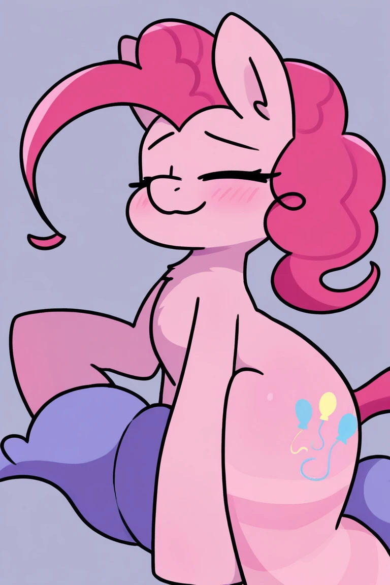there is a cartoon picture of a pinkie pony sitting on a red blanket, fim still, windy mane, pinky pie my little pony, giddy smirk, slightly smiling, naughty expression, pinkie pie equine, very sleepy and shy, looking exhausted, slight smirk, nefarious smirk, lumpy skin, sleepy expression, holding a pudica pose