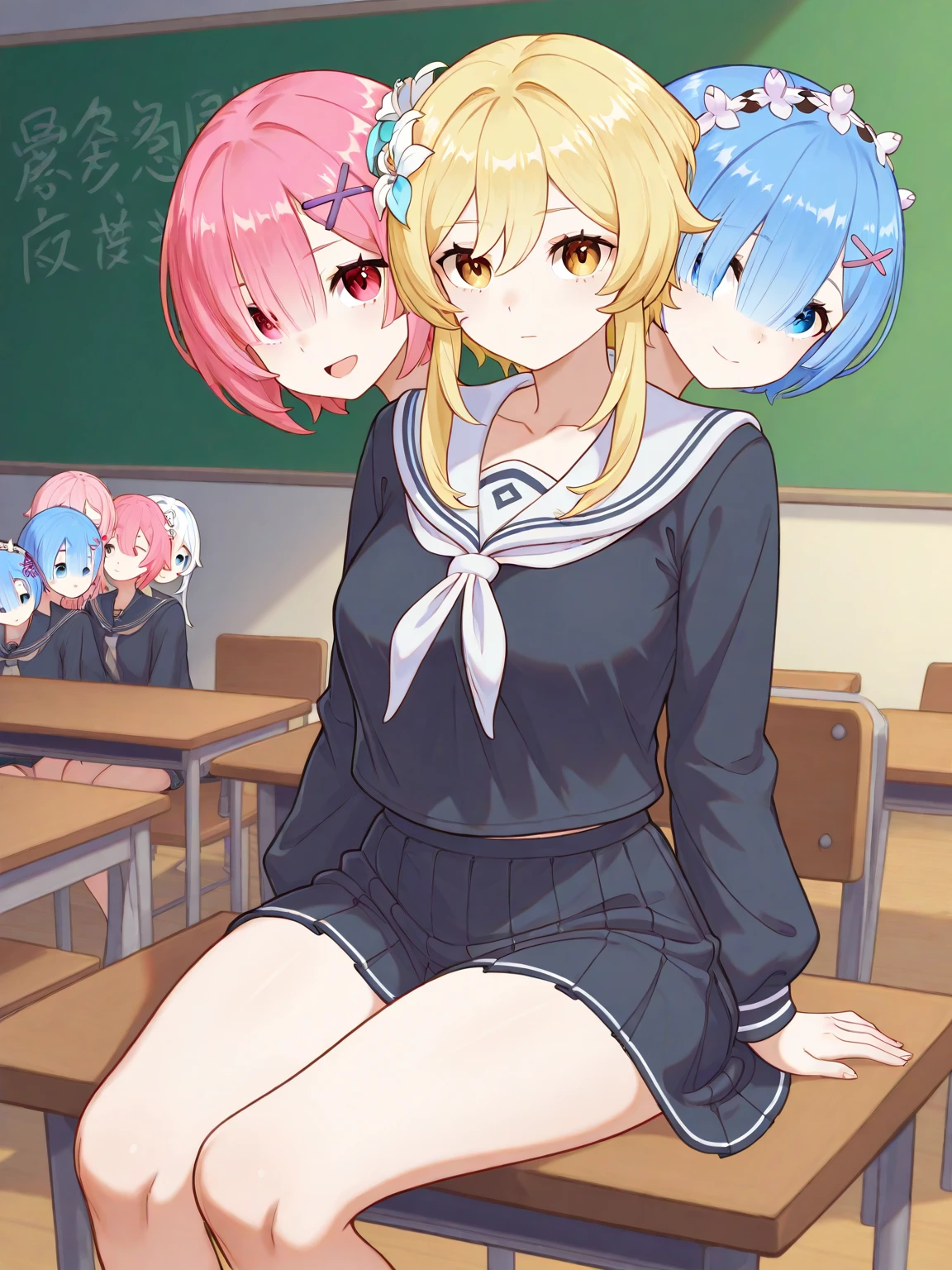 (Top quality illustrations:1.3), (Full color illustrations:1.9), (cute女の子:1.3), (５People Girls、Alongside), (School classroom)、(平行にAlongside立つ)、Commemorative photo、 (５People Girl、Non-virgin、17 years old、Mature、cute、Gal、Slightly smaller breasts、Slightly narrow waist、Ultra-detailed eyes:1.2)、high school girl、Prostitute:1.2、 Non-virgin:1.2、 Thighs Thighs、(((((nude)))))、(((Positive)))、Facing forward、Laughter、friend、Bold Pose、Sexy pose、Seduce your audience、Love your audience、(Black Hair、Blue Hair、Orange Hair、Brown Hair、Pink hair、Red hair、Blonde)、(short hair、Mid-length hair、Semi-long hair)、Hair length、(Straight Hair、Wavy Hair、Curly Hair、Bobcut、Twin tails、ponytail)、(Good balance between face and body:1.4)、(Good balance of girl placement:1.5)、