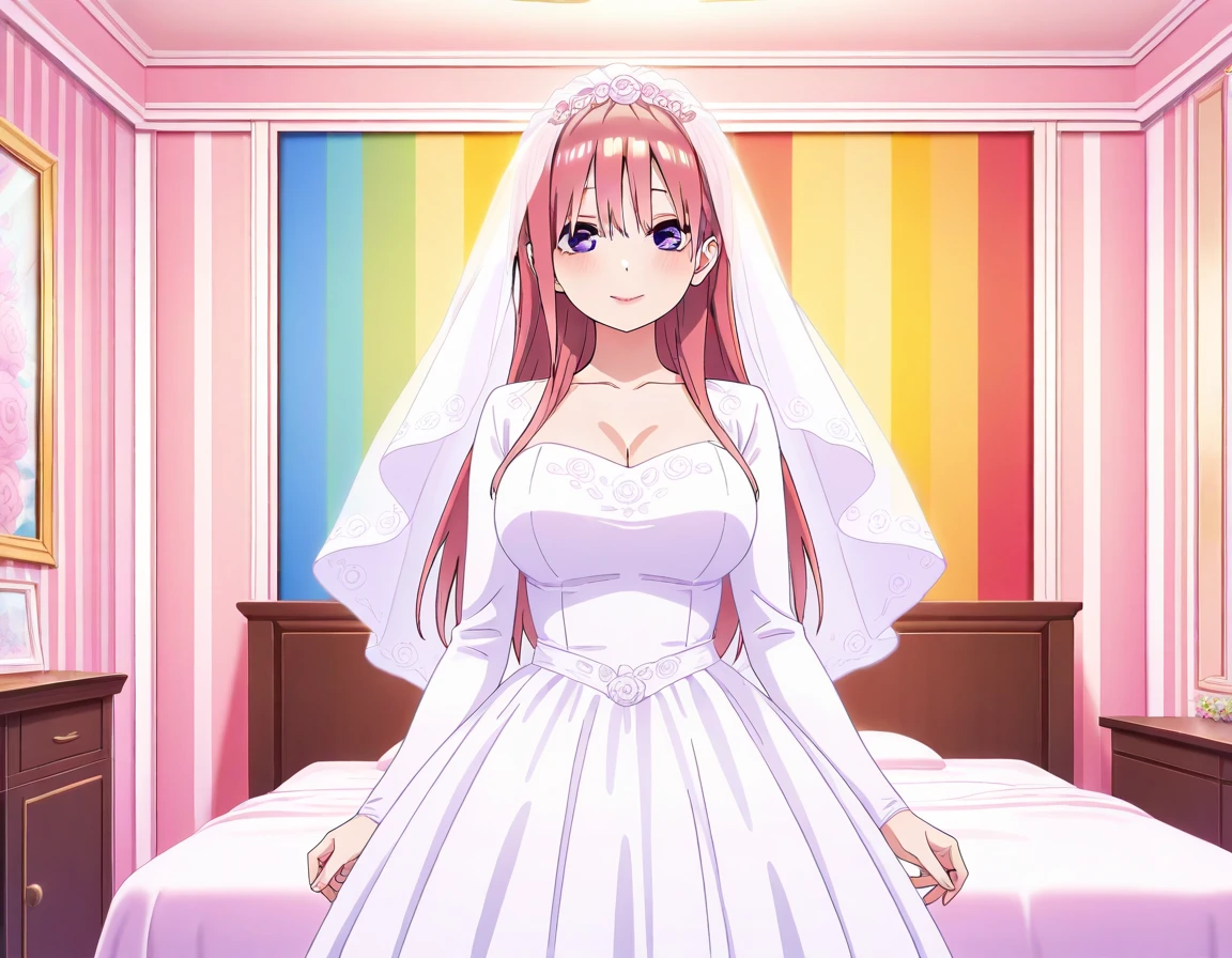 ((masterpiece, best quality, high quality, high resolution)):1.2,
office, looking at the audience, sitting,
Narumi, Close-up of beautiful bride wearing beautiful wedding dress,Gurwitz,(bridal veil:1.5),(Transparent short veil:1.5),Blushing face,Head flower,headgear,(tube top wedding dress:1.5),(Silk dress:1.2),(Strapless wedding dress:1.5),pure white dress,necklace,earrings,(large breasts:1.3),Deep V peach heart collar wedding dress,Bangs,lipstick,(lace gloves:1.3),whole body照,High detail RAW color art,Long white dress,whole body,Place your hands behind your back,