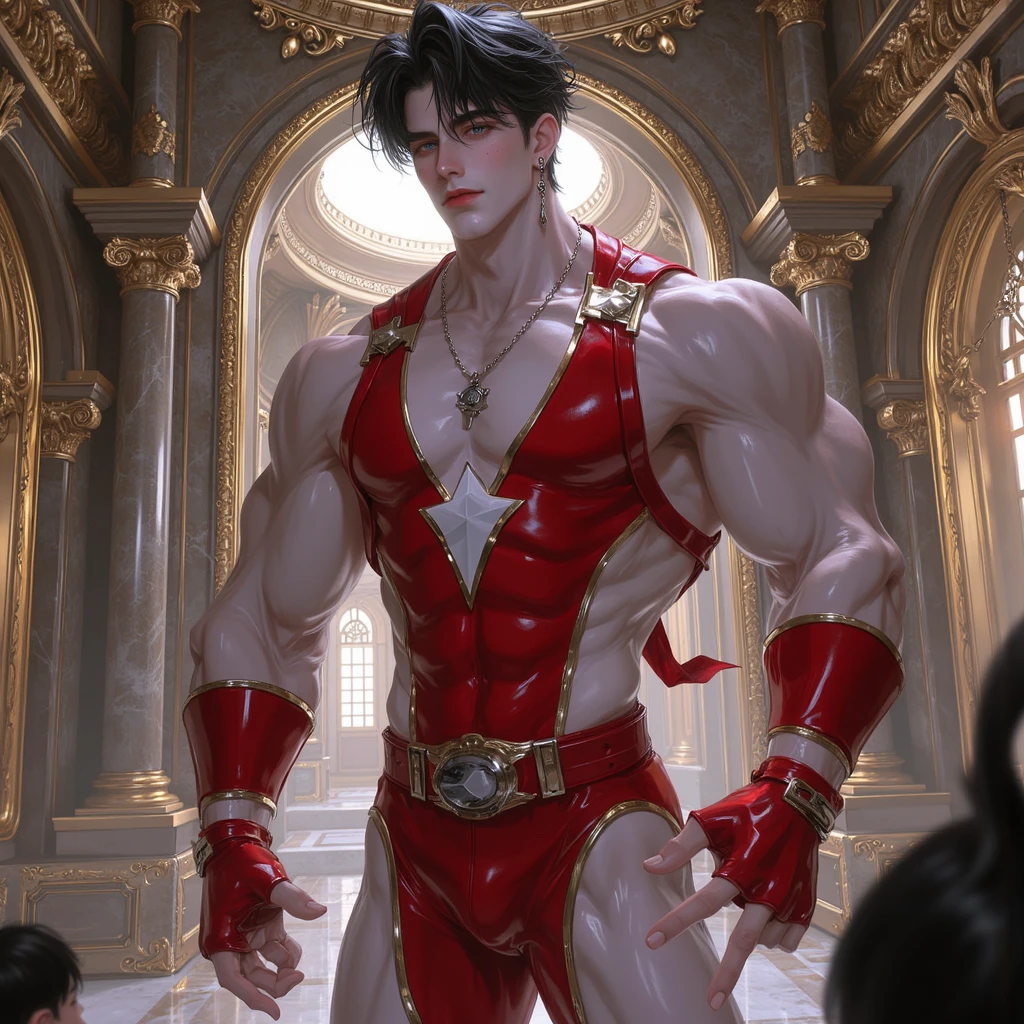 masterpiece, realistic, photographic, 1boy, a sexy young Roman Catholic priest turning into a hot male demon with red skin, black hair, glowing red eyes, long black claws on his fingers and large horns as well as a massive demonic wingspan, he is wearing a black loincloth, bursting out of his ripped and torn priestly robes showing his muscular pecs, abs, biceps, shoulders and perky nipples. A seductive expression on his face, he is surrounded by glowing human skulls, stained glass windows inside the interior of a gothic church background