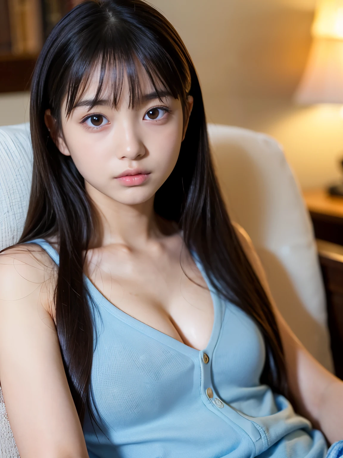 Best-quality, Masterpiece, Ultra-High-Resolution, (Photorealistic:1.4), Raw-Photo, 128K, depth of field, professional lighting, perfect anatomy, extremely details, 1girl, 15-years-old, the most famous Japanese idol, cowboy shot, at living room, relaxing on sofa, hands on head, (((drunkenness, in a trance))), ((extremely cute face like the most popular Japanese idol, ((extremely cute and extremely big eyes)), extremely beautiful hair)), extremely beautiful skins, extremely cute lips, extremely cute long-eyelashes, extremely beautiful abundant-cleavage, extremely childish body, looking at viewer