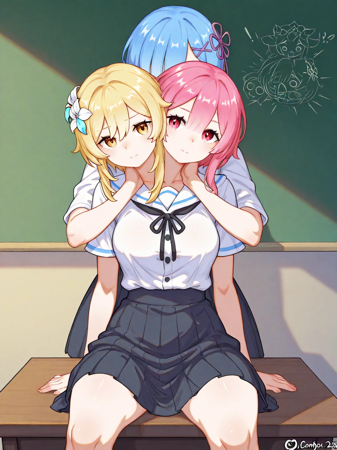 masterpiece, Highest quality, High resolution, ＪＫ,huge tit,One girl,black bow,black bowtie,Blonde,bow,bowtie,chest,Hair Bun,Hand in hand,Intertwined fingers,Long Hair,View your viewers,1人のboy,boy,hug,Pink Hair,pleated skirt,Tucked in shirt,short hair,skirt,smile,Tent shirt,breast grab