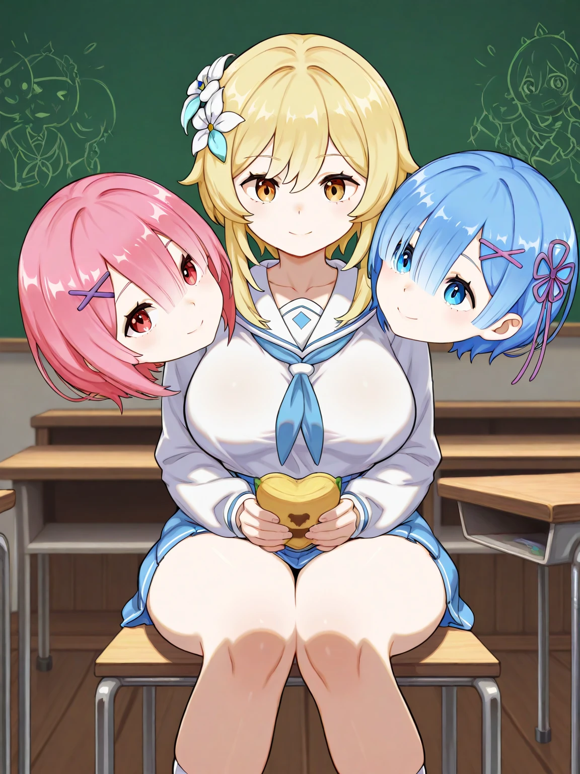 Highest quality、High resolution、Detailed Background、Artistic、mysterious、Beautiful face in every detail、Teenage beauty、Huge breasts、Detailed facial expressions、Light-colored hair、ponytail、Bobcut、Perfect body line、Glasses、Navy blue sleeveless sailor suit、White sailor collar、Navy blue pleated skirt、White Stockings、A big smile、laughing、A fun atmosphere、
(Bottom view of two little girls sitting at a desk in a classroom:1.5)、Emphasize cleavage、Show your side、cute