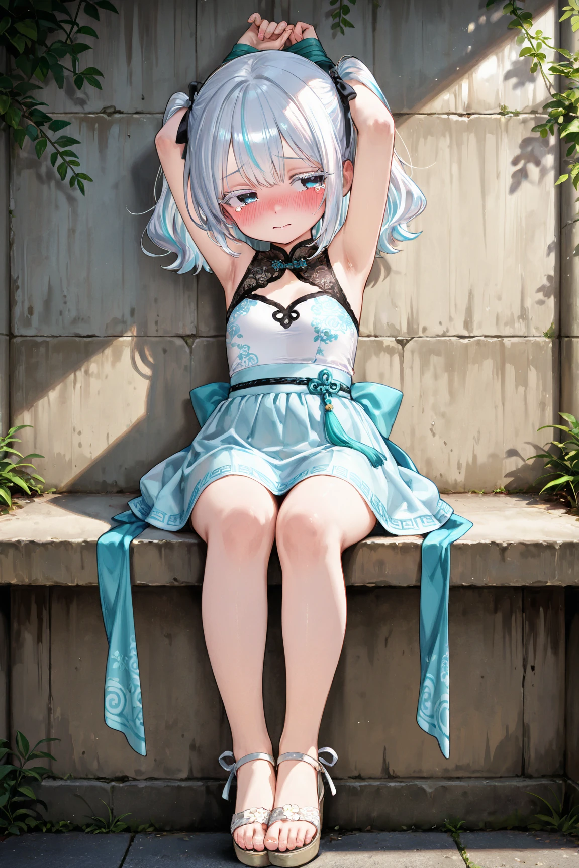 {(japanese young girl)}, (white and light blue striped pantie with ribbon:1.3), wetting pantie:1.2, ニーソックス:1.2, camel toe:1.2, (Squat and pee pose:1.2, open legs:1.5), front view:1.5,
multilayer textureperfect proportions, octane rendering, duotone lighting, Low ISO, wide aperture, White balance, Rule of thirds, ultra HD16k, HDR (High Dynamic Range), Ray Tracing, NVIDIA RTX, Super Resolution, Subsurface Scattering, PBR Texturing, Post Processing, Anisotropic Filtering, Depth of Field, Maximum Clarity and Clarity, High efficiency subpixel, subpixel convolution, particles of light, light scattered, Tyndall effect, full body:1.5, , cute, (cute:1.2), (bob cut:1.3),三つ編み, 黒髪, 太い眉毛, 薄い色の虹彩, 大きくて輝いている黒い瞳, 長いまつげ, 小さく薄い色の自然な唇, (Average face of Japanese idols), (日本人特有の童顔:1.3), (baby face), 広いおでこ:1.2, ふっくらした頬, 小さな顎, visible side boob, looking up:1.5, looking at viewer,Focus on the eyes,with sleek and menacing design, (完璧な4本の指, 親指1本),