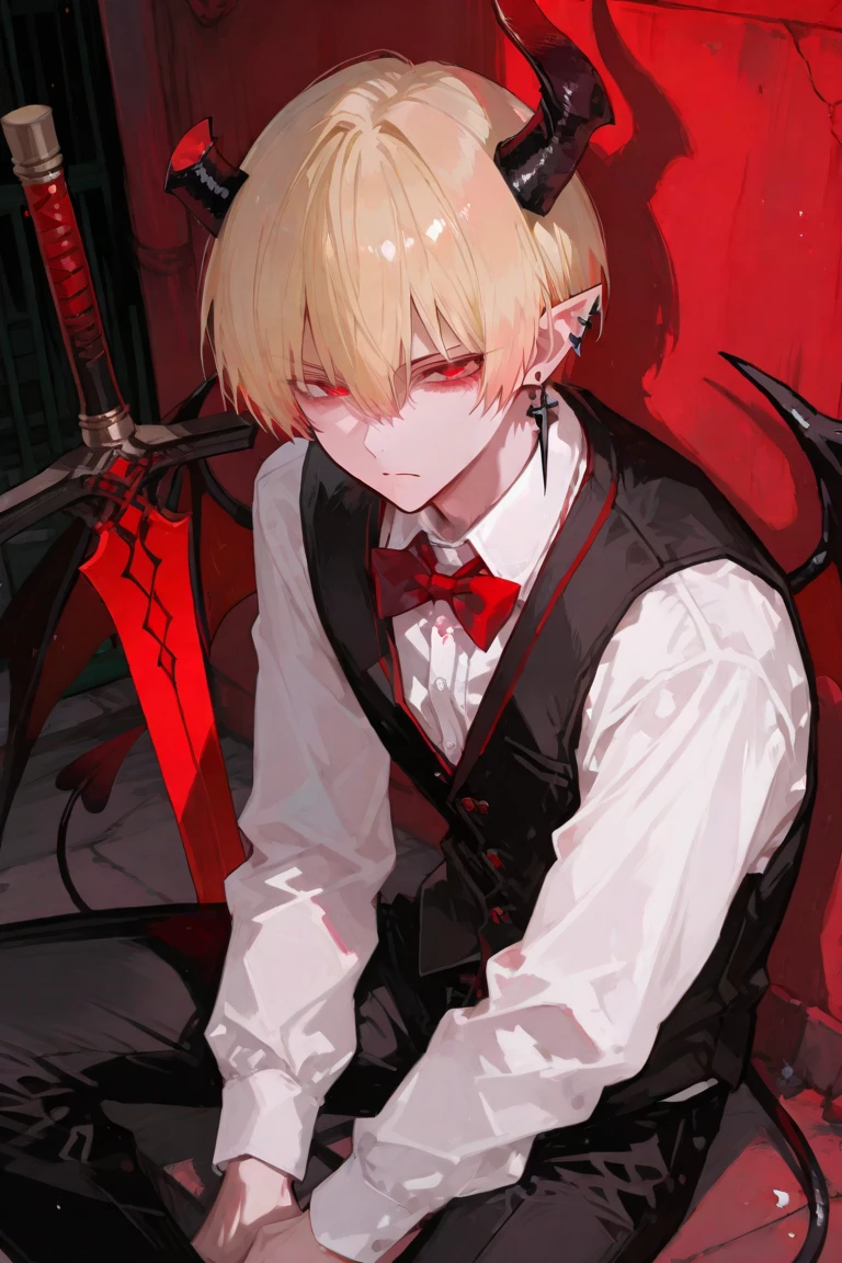 Pale skin, blonde hair, red eyes, bandaids on cheek, male, mature, emo, goth, black eye shadow, black and red school uniform, white button up, black blazer, black and red striped tie, spectrum piercing, anime, short hair.