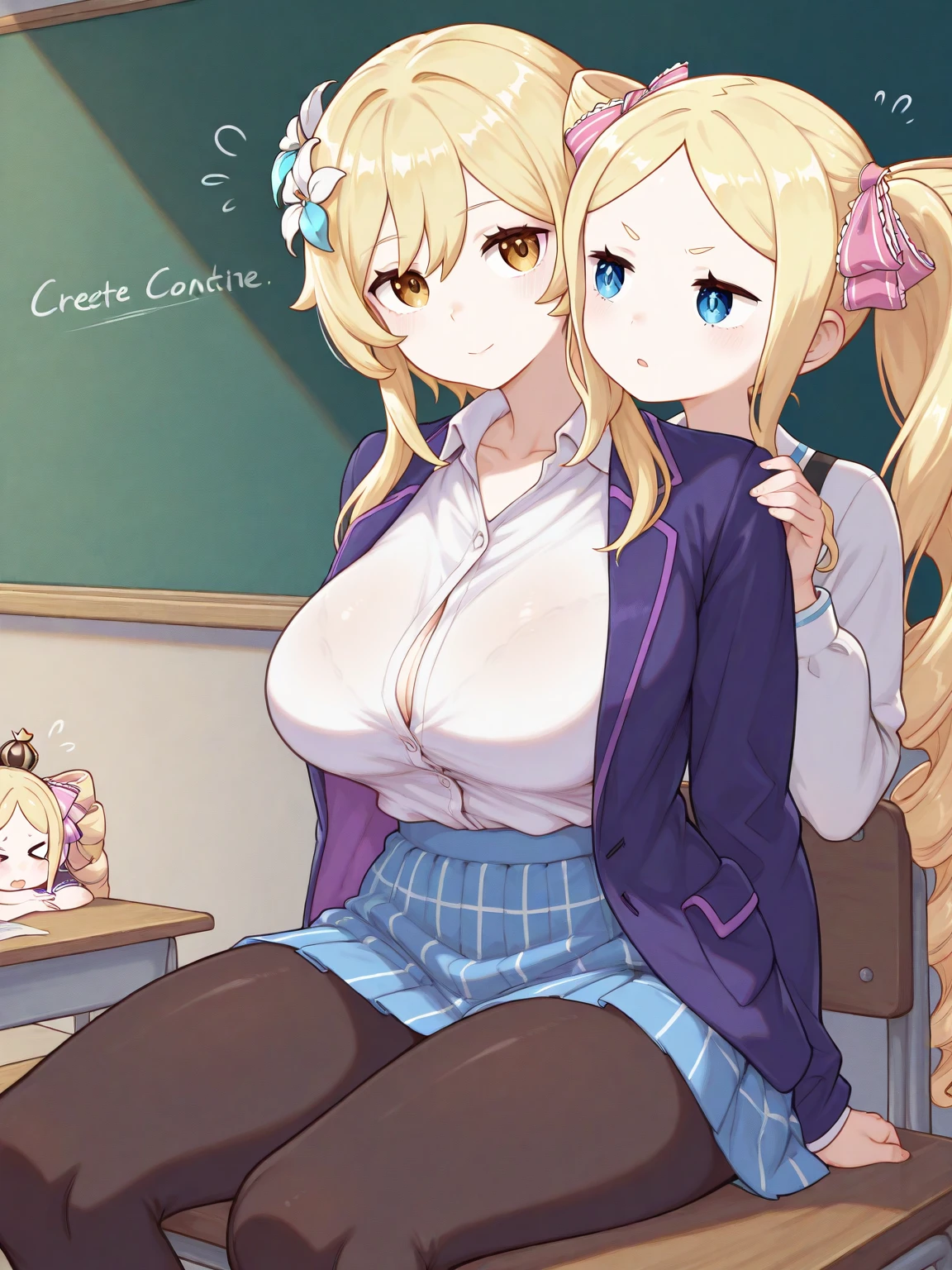 2heads, a tall thin woman with 2 heads. Inside a crowded library, hiding. Hair up in bun. Wearing turtleneck sweater. Cleavage. Naughty expression. Horny, aroused. Handjob, POV handjob. Huge breasts. Stroking penis with both hands. Fast hard strokes. Enormous tits. Massive breasts. Sticking penis into cleavage. Winking, teasing.