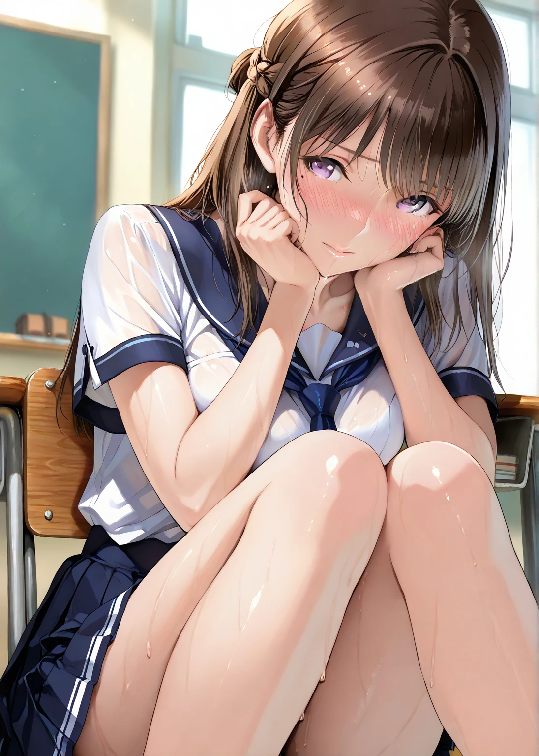 (msfw:1.4), (Realistic, photo Realistic:1.2), ((Highest quality)), Shift the center of gravity backwards, Quite embarrassing, White panties, (Showing panties:1.4),Tight Skirt, (Panty shot:1.3), (Roll up your skirt:1.3), (Squat:1.4), (Spreading pussy:1.2), Place your heels on the ground, Please spread your legs a little, Squat with your knees up, Attach your butt to the ground, Black Penny Loafers, Beautiful facial details, Real human skin, Gentle expression, Front view, angle From below, Realistic, photoRealistic, cute, Short skirt, Squat deep on school grounds, cute school girl, Semi-long hair, Lustrous brown hair, Braided hair, Japanese school girl uniform, Sailor suit, whole body, smile, 自然なsmile, cutesmile, 魅惑的なsmile, (Looking at the audience:1.2), from before, From below,