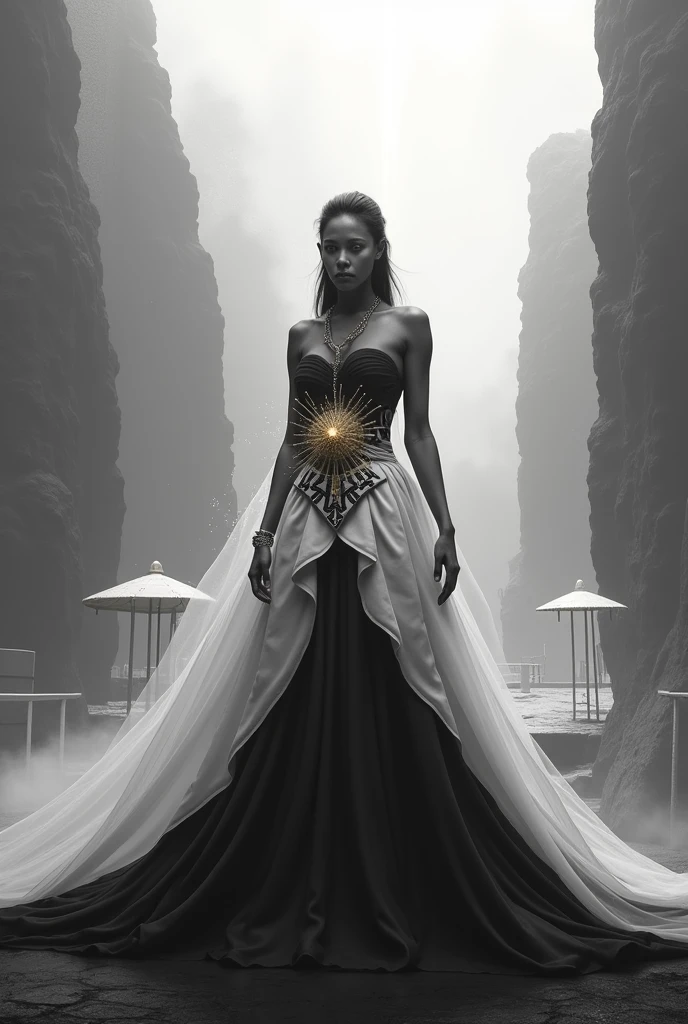 In the heart of a frozen winter landscape, a black melanin woman model gracefully struts on an empty runway, bathed in the ethereal glow of fluorescent long bulbs that cast a light blue and white color grading over the scene. The ice cubes falling gently from the sky adds a surreal touch to the cinematic setting, creating a mesmerizing artgerm-style image. Dressed in a stunning white African-designed gown, the woman's every move exudes confidence and elegance. The crowd, unseen but for their enthusiastic cheers, echoes through the silent air, adding a sense of excitement to the unfolding spectacle. Intricately detailed