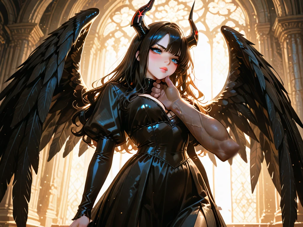 8k, wallpaper of extremely detailed CG unit, masterpiece, high resolution, top-quality, top-quality real texture skin, hyper-realistic, increase the resolution, RAW photos, best quality, highly detailed, the wallpaper, cinematic lighting, ray trace, golden ratio, demon girl, seductive smile, female, beautiful black horns, beautiful big black wings, background bedroom, beautiful fog, flower petals, gorgeous lighting, back lingerie with gold ornaments, yellow eyes, only 1 woman, hands hidden
